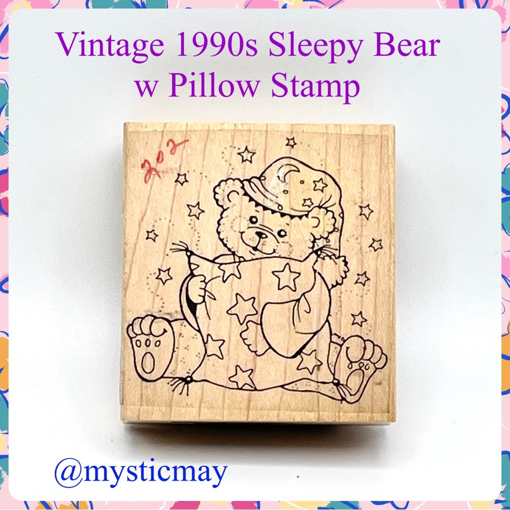 ANGEL COMPANY Vintage 1990s Sleepy BEAR w PILLOW & Stars Wood Mount Rubber Stamp